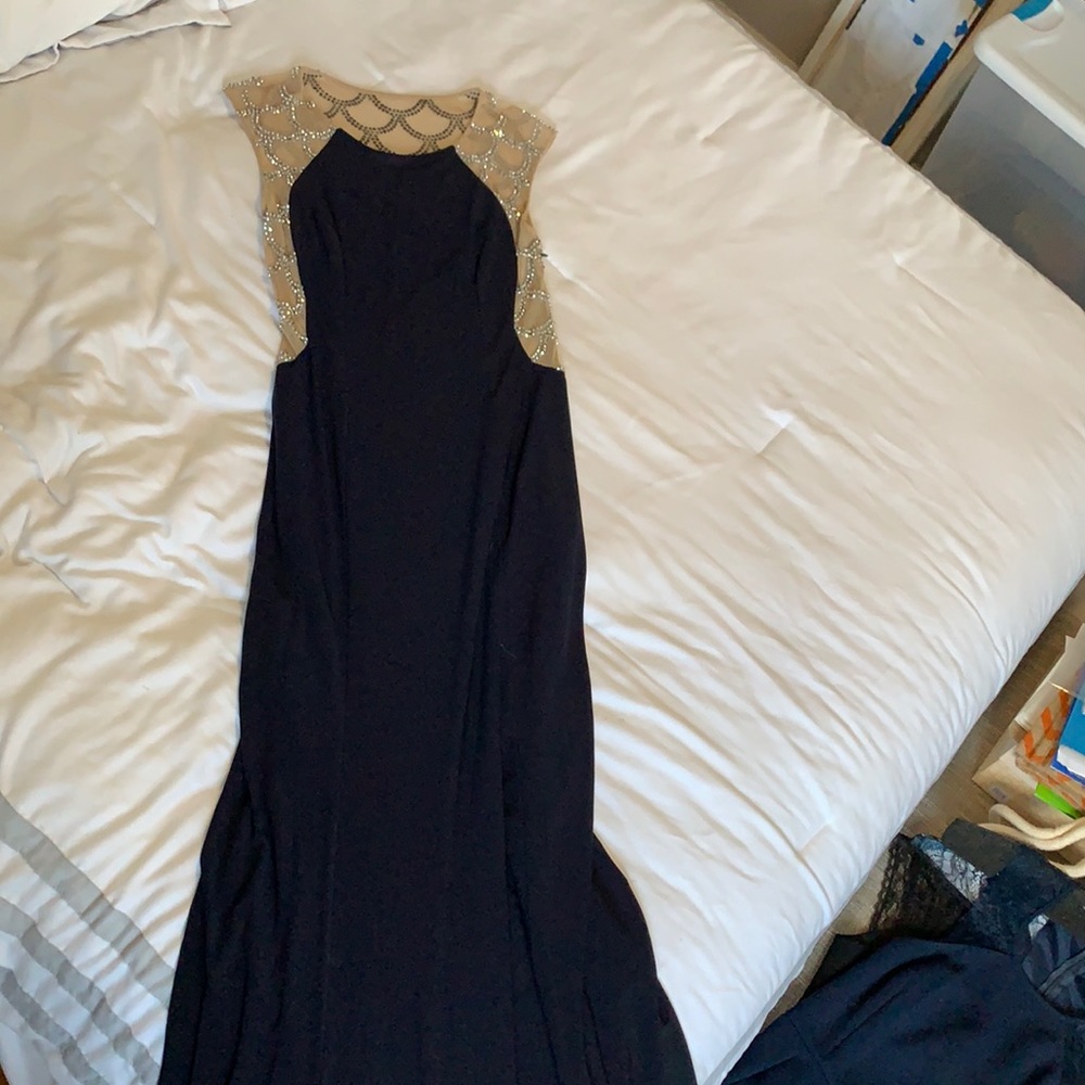 Navy long dress with jeweled details